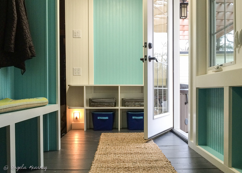 Photo of a small country boot room in Boston with white walls, painted wood flooring, a single front door and a white front door.