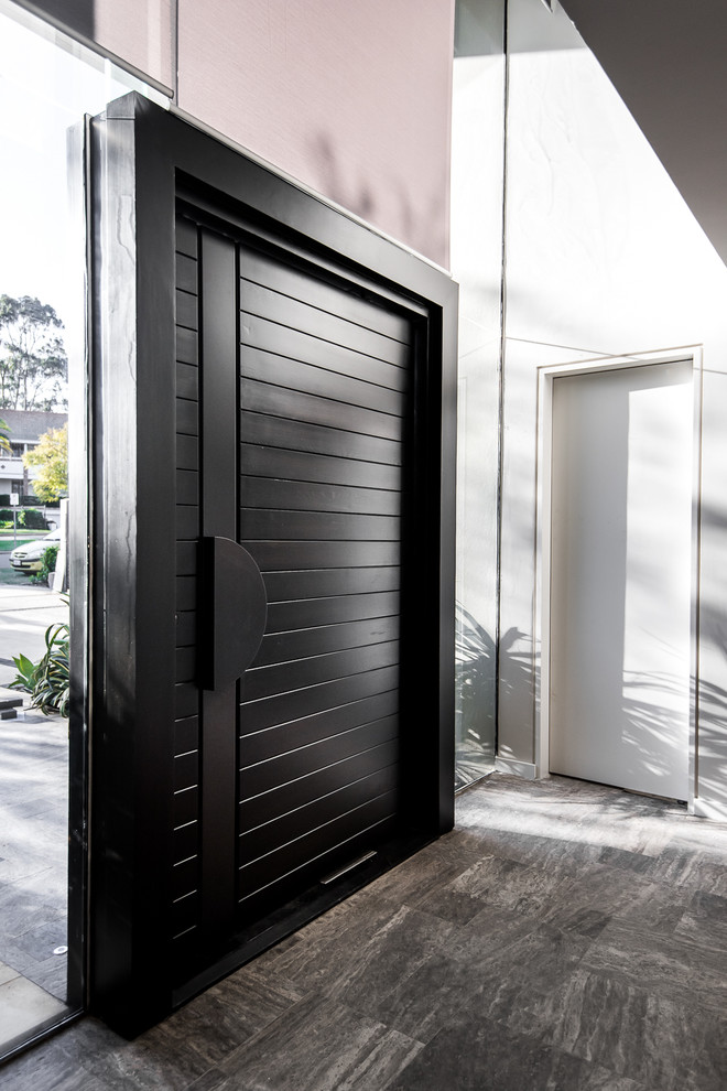 Diseño de puerta principal minimalista de tamaño medio con paredes blancas, suelo de baldosas de cerámica, puerta pivotante y puerta de madera oscura