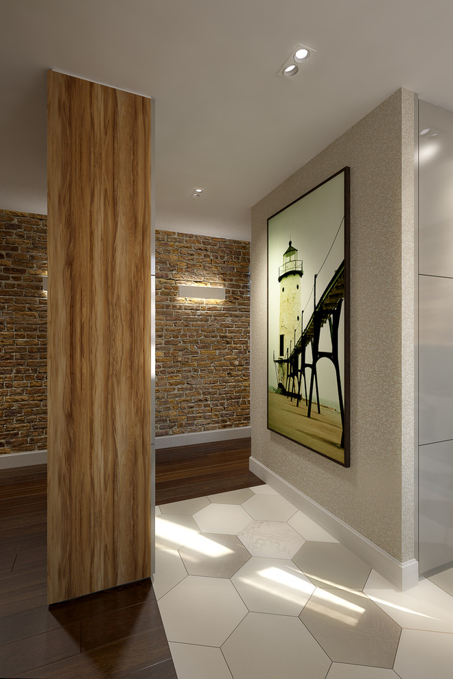 Mittelgroßer Moderner Eingang mit bunten Wänden und Keramikboden in London