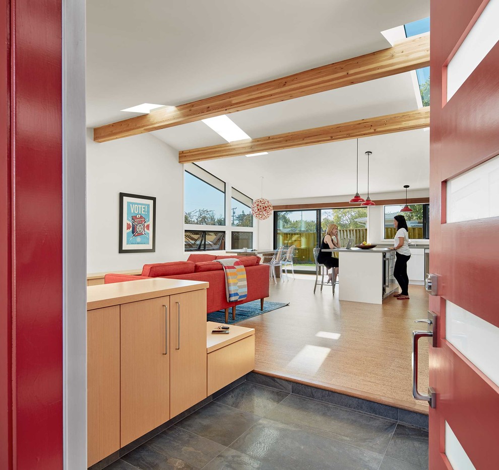 Moderner Eingang mit Korkboden, Einzeltür, roter Haustür und braunem Boden in San Francisco