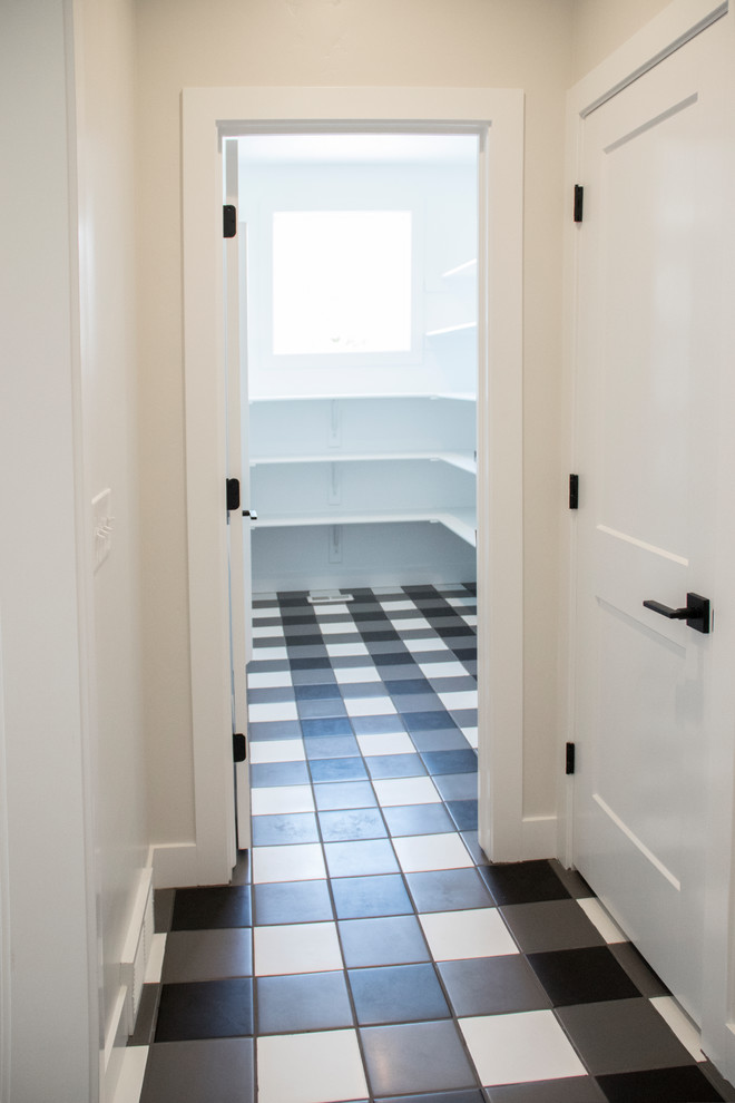 Foto di un ingresso con anticamera country di medie dimensioni con pareti bianche, pavimento con piastrelle in ceramica, una porta singola, una porta bianca e pavimento multicolore