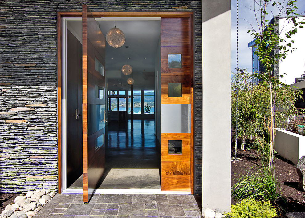 Idée de décoration pour une entrée design avec une porte pivot et une porte en bois brun.