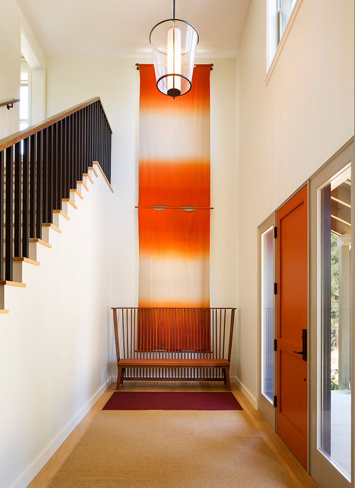 Réalisation d'une entrée design avec un couloir, un mur blanc, une porte simple et une porte orange.