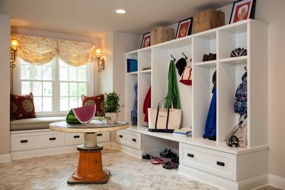 Design ideas for a classic boot room in Philadelphia with brick flooring and grey floors.