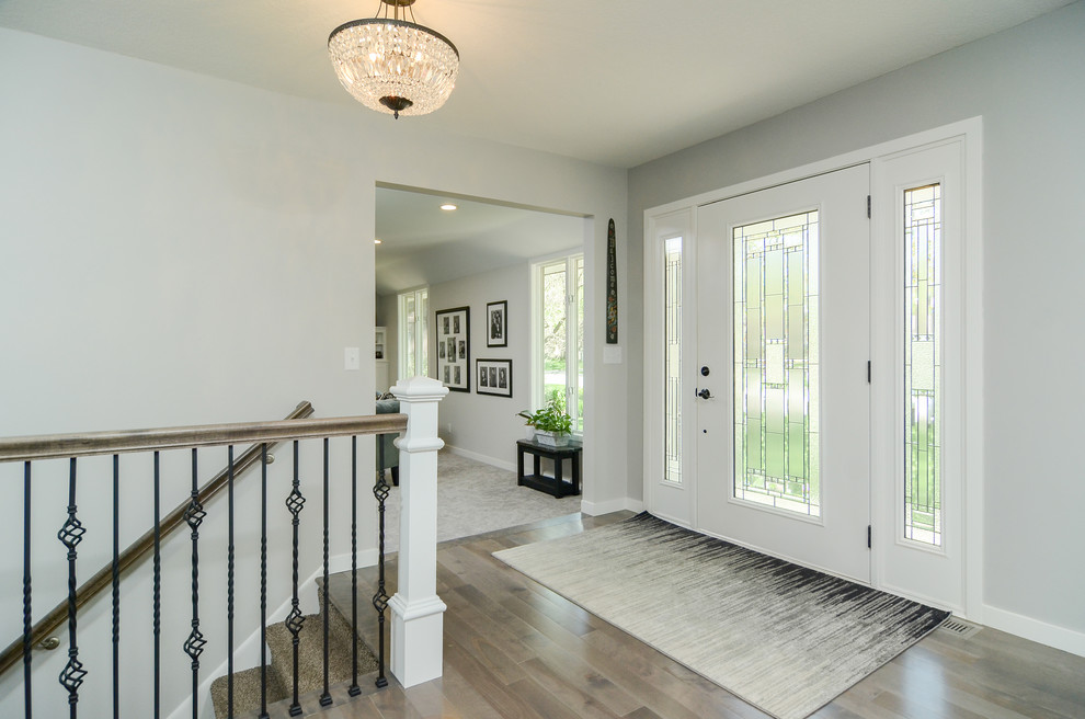 Mittelgroße Klassische Haustür mit grauer Wandfarbe, Vinylboden, Einzeltür, Haustür aus Glas und braunem Boden in Minneapolis