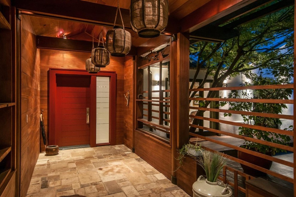 Entryway - entryway idea in Charlotte with a red front door