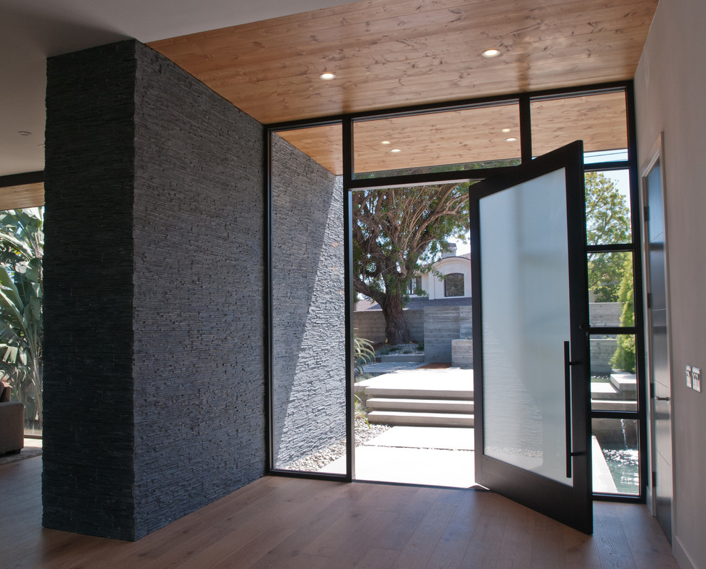 Esempio di un'ampia porta d'ingresso minimalista con pareti bianche, pavimento in legno massello medio, una porta a pivot, una porta in vetro e pavimento marrone