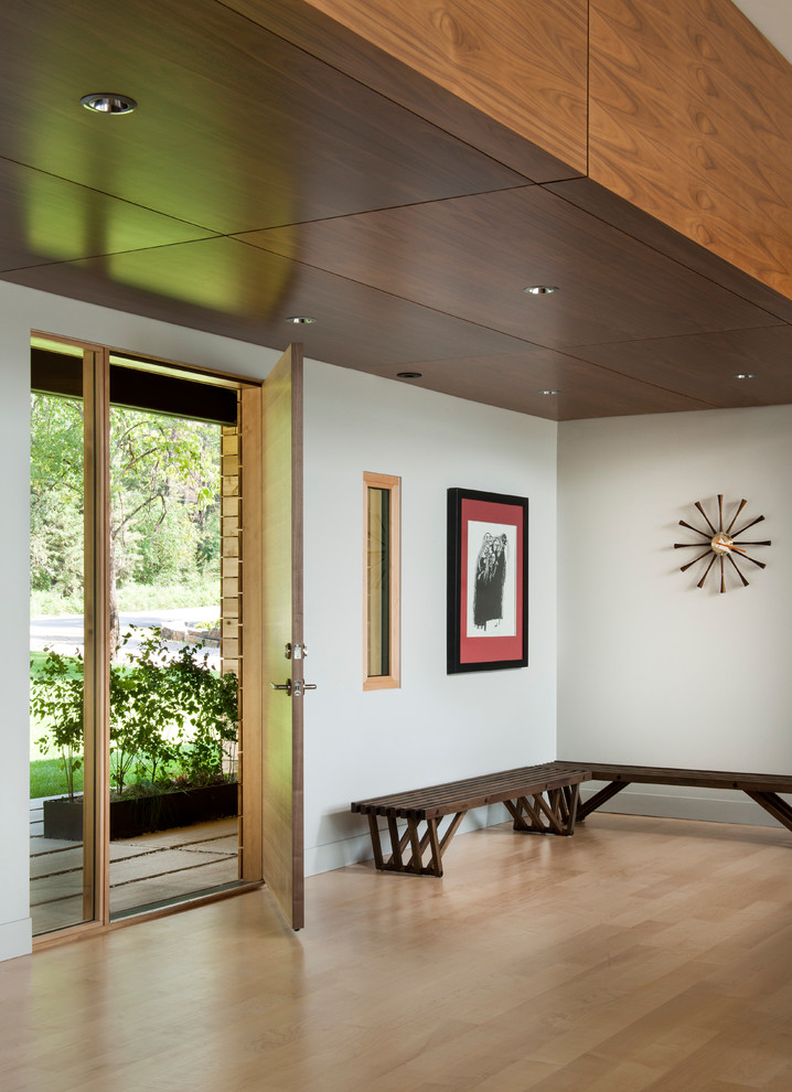 Modernes Foyer mit weißer Wandfarbe, hellem Holzboden, Einzeltür und heller Holzhaustür in Sonstige