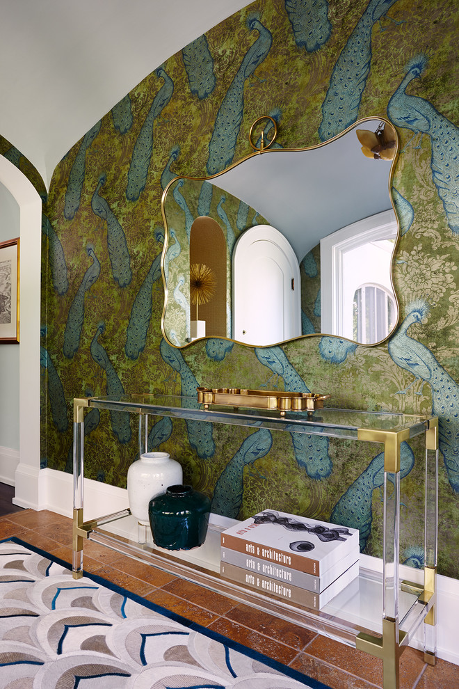 Inspiration for a large eclectic ceramic tile and brown floor foyer remodel in Minneapolis with multicolored walls