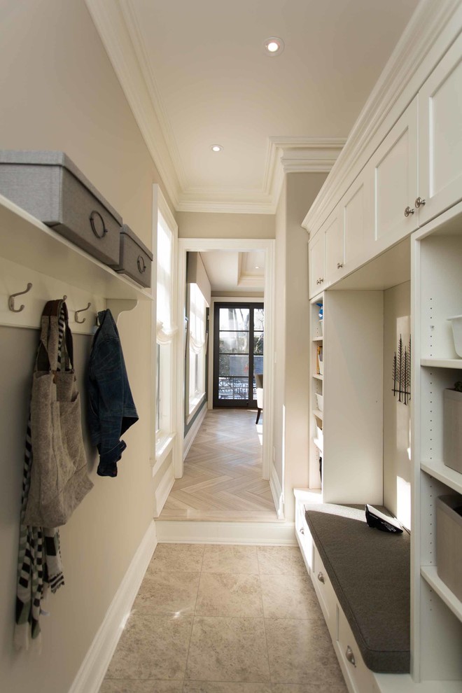 Mid-sized transitional marble floor mudroom photo in Toronto with gray walls