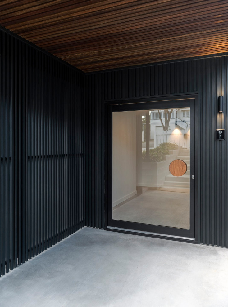 Foto på en funkis ingång och ytterdörr, med svarta väggar, betonggolv, en pivotdörr och en svart dörr