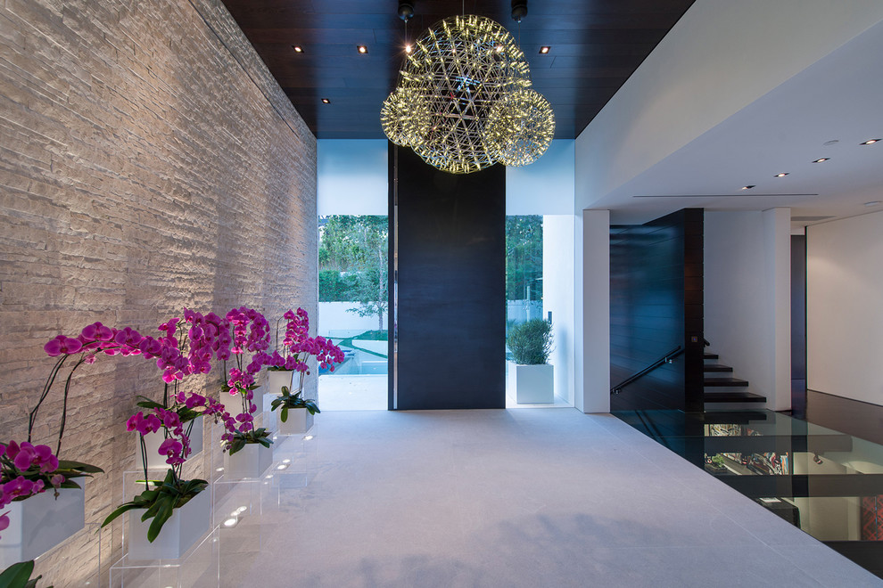 Design ideas for an expansive contemporary foyer in Los Angeles with white walls, a pivot front door, a dark wood front door, white floors, a drop ceiling and feature lighting.