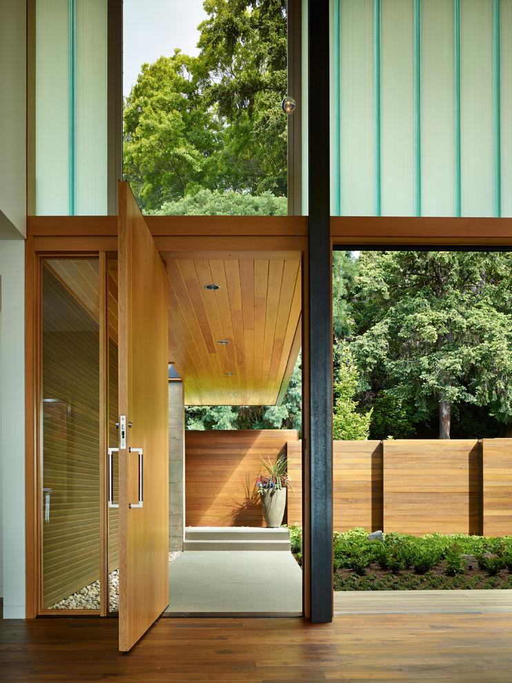 Aménagement d'une entrée contemporaine avec une porte pivot et une porte en bois brun.