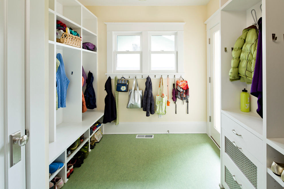 Medium sized traditional boot room in Portland with beige walls, vinyl flooring, a single front door, a white front door and green floors.