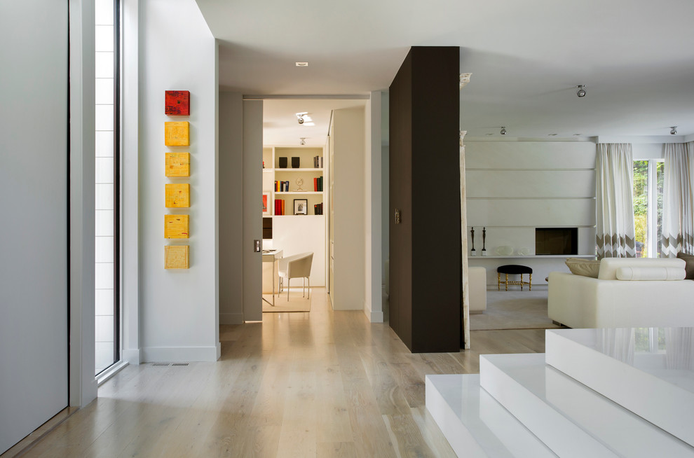 Foto de puerta principal minimalista extra grande con paredes blancas, suelo de madera clara y puerta blanca