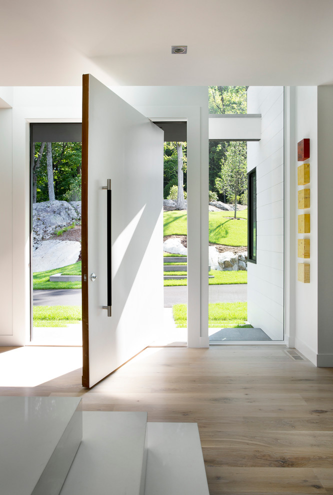 Идея дизайна: входная дверь в стиле модернизм с белыми стенами, светлым паркетным полом, поворотной входной дверью и белой входной дверью