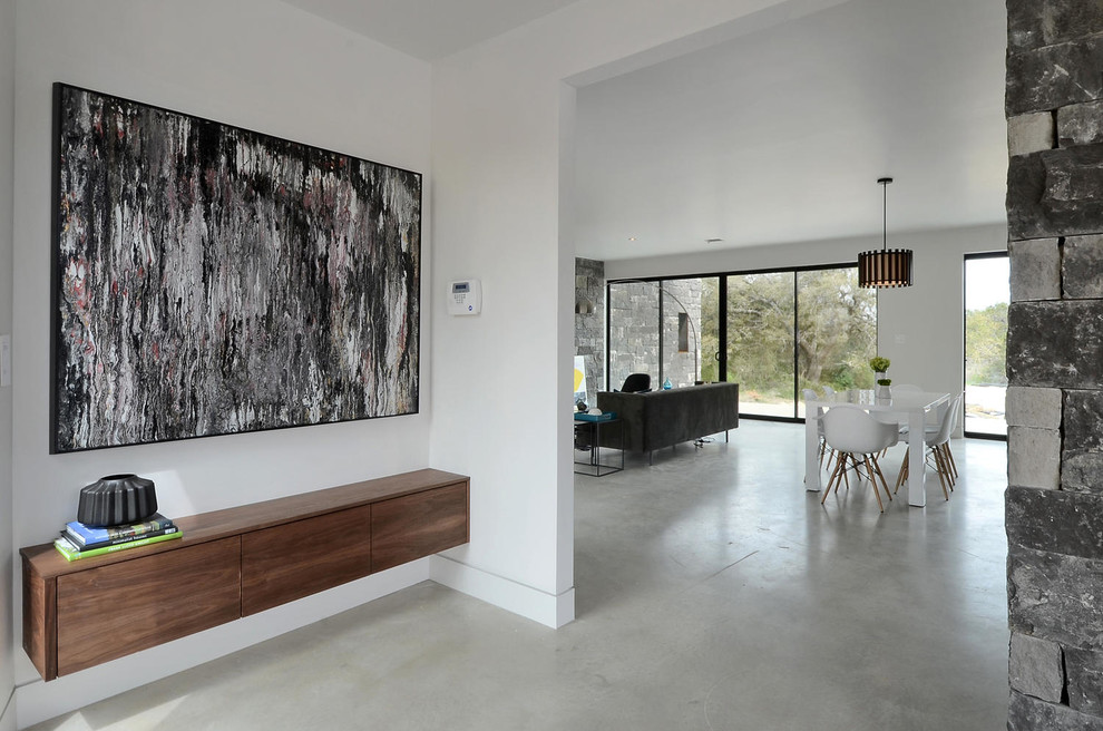 Photo of a contemporary foyer in Austin with white walls.