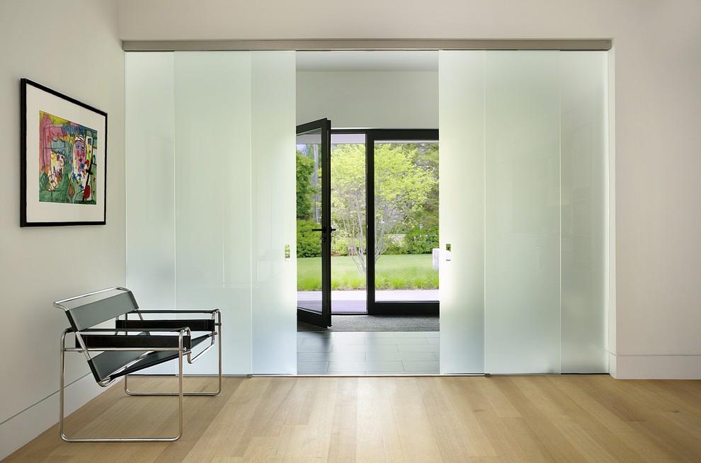 Imagen de distribuidor minimalista grande con paredes blancas, suelo de pizarra, puerta simple, puerta de vidrio y suelo gris