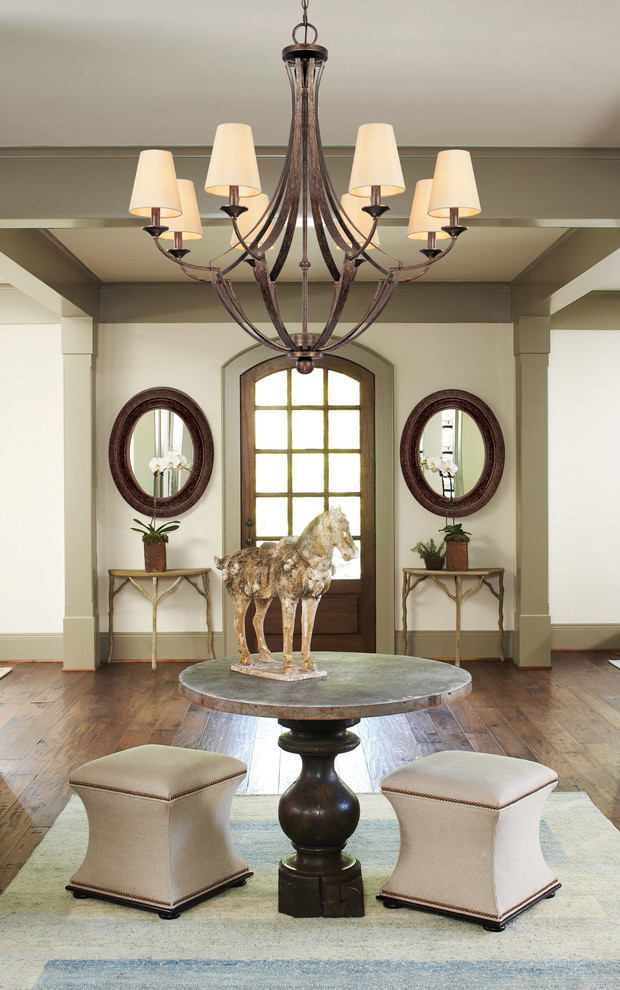Single front door - traditional medium tone wood floor single front door idea in Austin with a medium wood front door