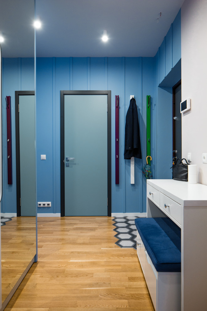Moderner Eingang mit Korridor, blauer Wandfarbe, braunem Holzboden, Einzeltür und blauer Haustür in Sonstige
