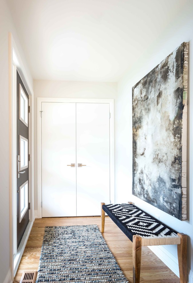 Cette photo montre un petit hall d'entrée rétro avec un mur gris, parquet clair, une porte simple et une porte noire.
