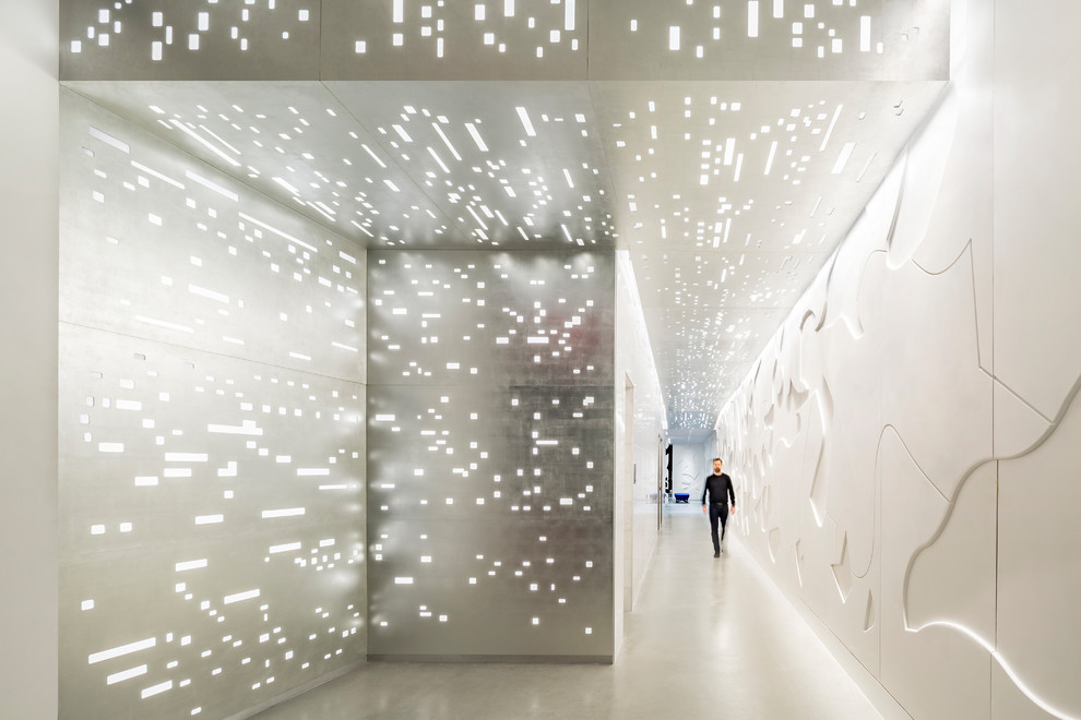 Immagine di un corridoio design di medie dimensioni con pareti bianche, pavimento in cemento, una porta a due ante, una porta in vetro e pavimento grigio