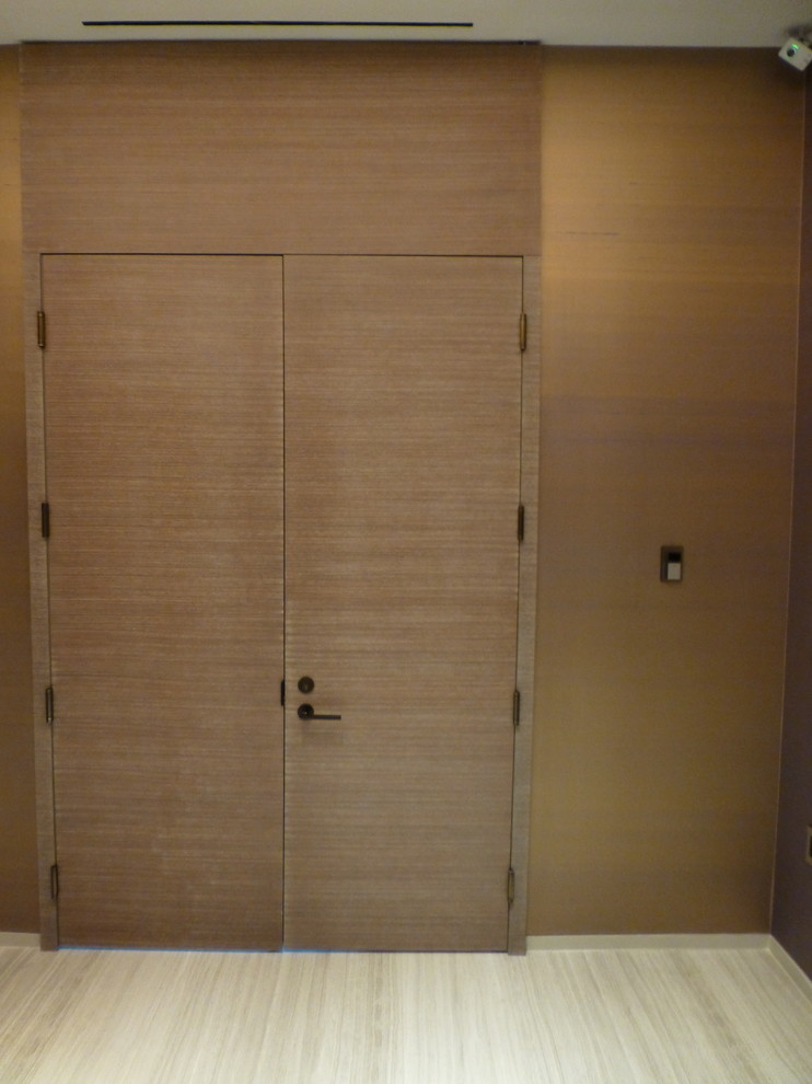Идея дизайна: огромное фойе в стиле модернизм с коричневыми стенами, полом из известняка, двустворчатой входной дверью и коричневой входной дверью