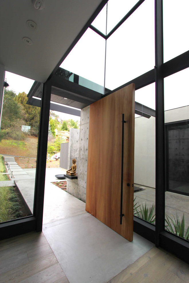 Cette image montre un hall d'entrée design de taille moyenne avec un mur blanc, parquet clair, une porte pivot, une porte en bois brun et un sol gris.