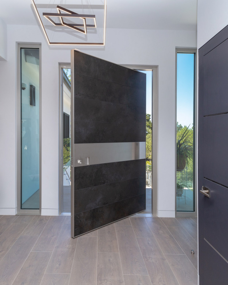 Diseño de puerta principal minimalista grande con paredes grises, puerta pivotante y puerta negra