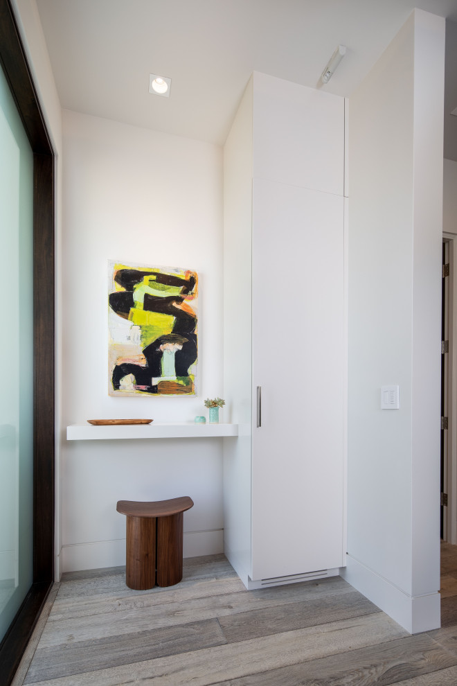 Réalisation d'un petit hall d'entrée design avec un mur blanc, parquet clair, une porte pivot, une porte en bois foncé et un sol gris.