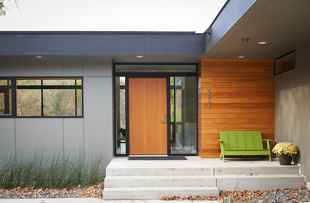 Idee per una porta d'ingresso contemporanea con una porta singola e una porta in legno bruno