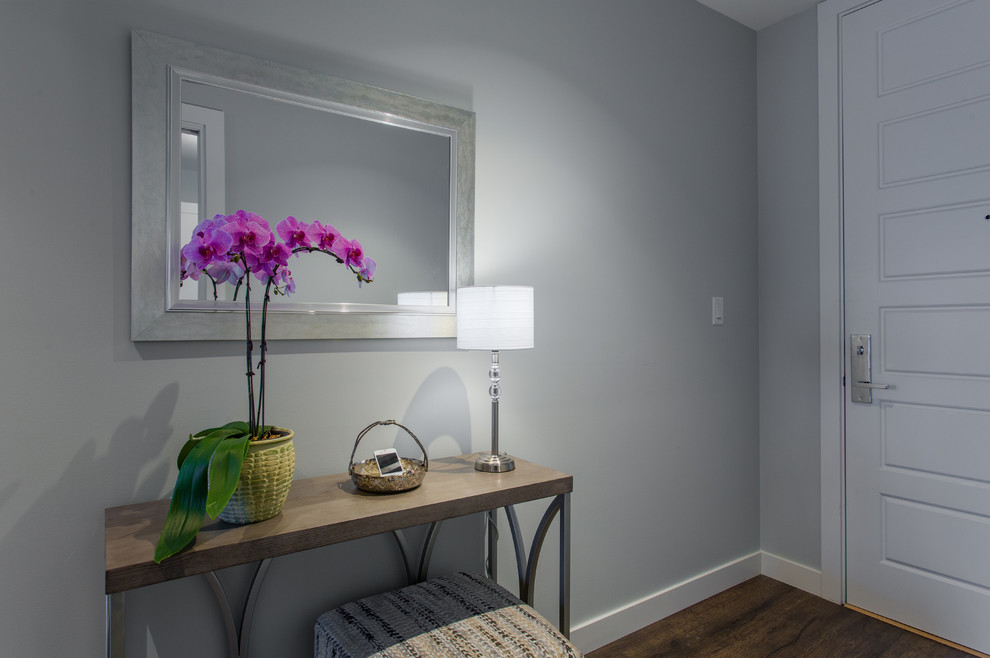 Идея дизайна: маленькая узкая прихожая: освещение в стиле неоклассика (современная классика) с синими стенами, темным паркетным полом, одностворчатой входной дверью, синей входной дверью и коричневым полом для на участке и в саду