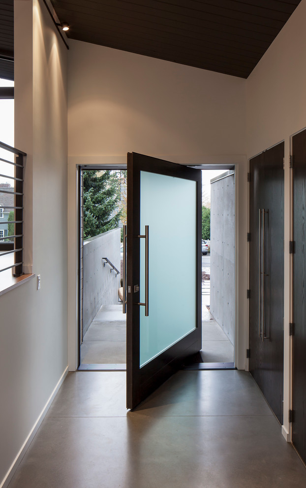 Inspiration för moderna foajéer, med vita väggar, betonggolv, en pivotdörr och en svart dörr