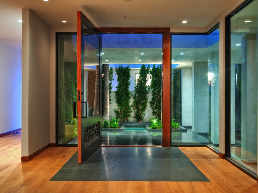 Design ideas for a large contemporary front door in Los Angeles with beige walls, medium hardwood flooring, a pivot front door, a glass front door and brown floors.