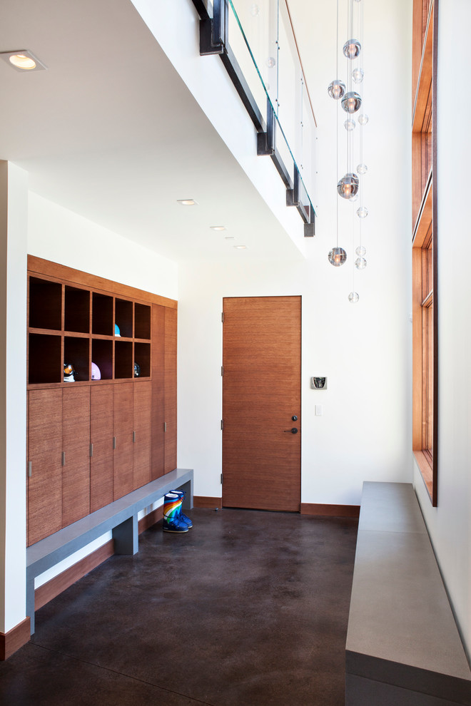 Источник вдохновения для домашнего уюта: тамбур в современном стиле с белыми стенами и бетонным полом
