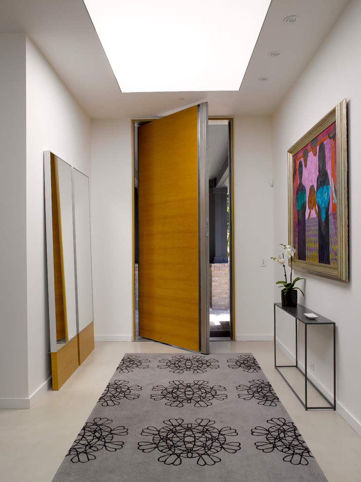 Immagine di un corridoio design con pareti bianche, una porta a pivot e una porta in legno bruno