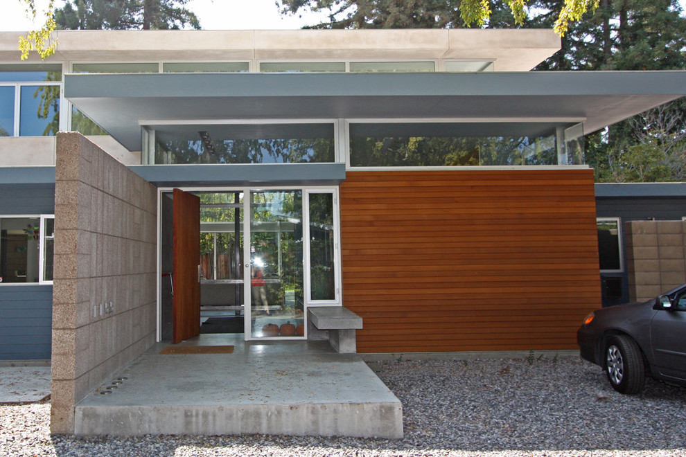 This is an example of a large midcentury front door in San Francisco with grey walls, concrete flooring, a pivot front door and a medium wood front door.