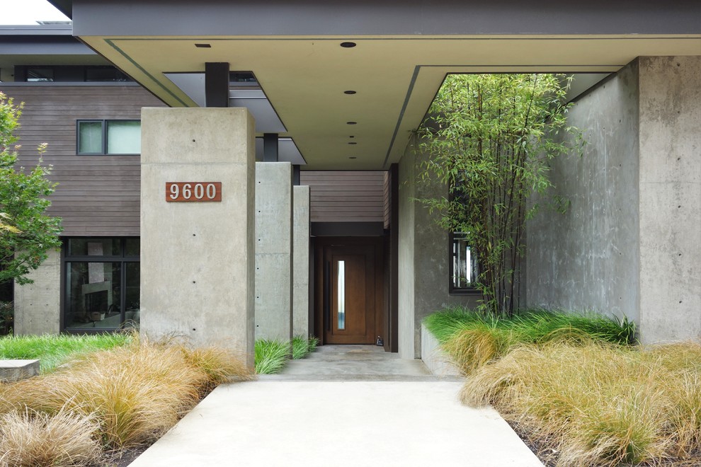 Design ideas for a medium sized modern front door in Seattle with beige walls, concrete flooring, a single front door and a dark wood front door.