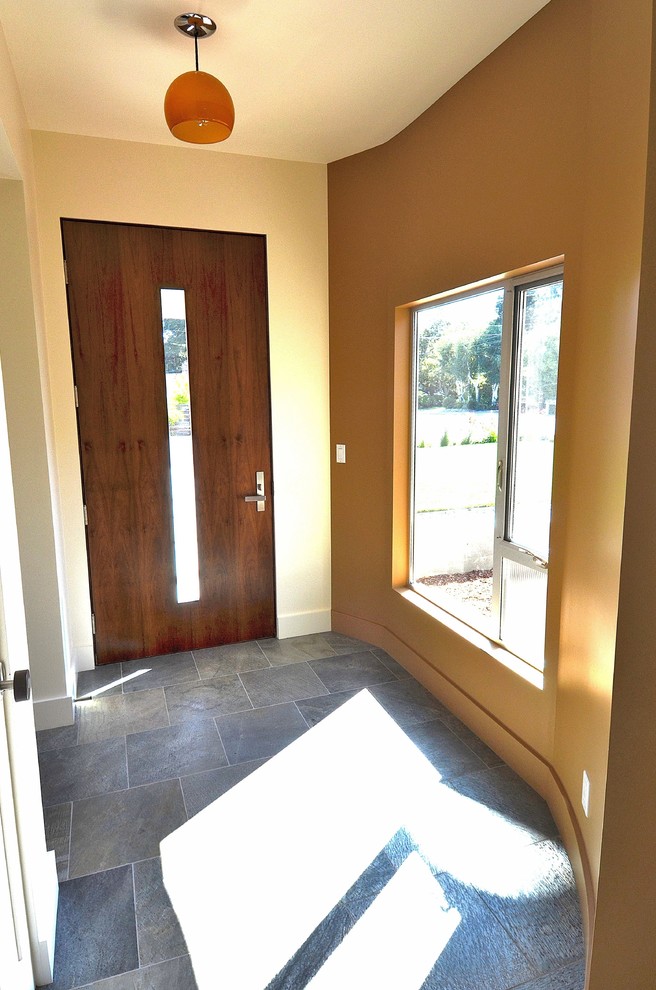 Medium sized retro foyer in San Francisco with multi-coloured walls, slate flooring, a single front door, a dark wood front door and grey floors.