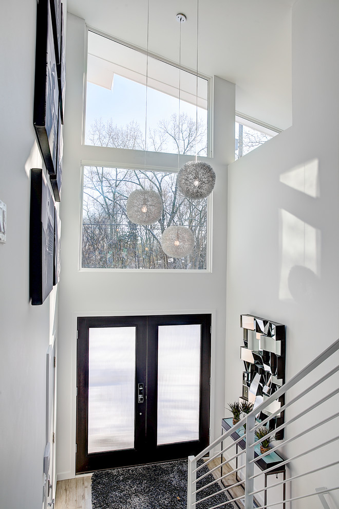 Foto di un ingresso design di medie dimensioni con pareti bianche, parquet chiaro, una porta a due ante e una porta nera