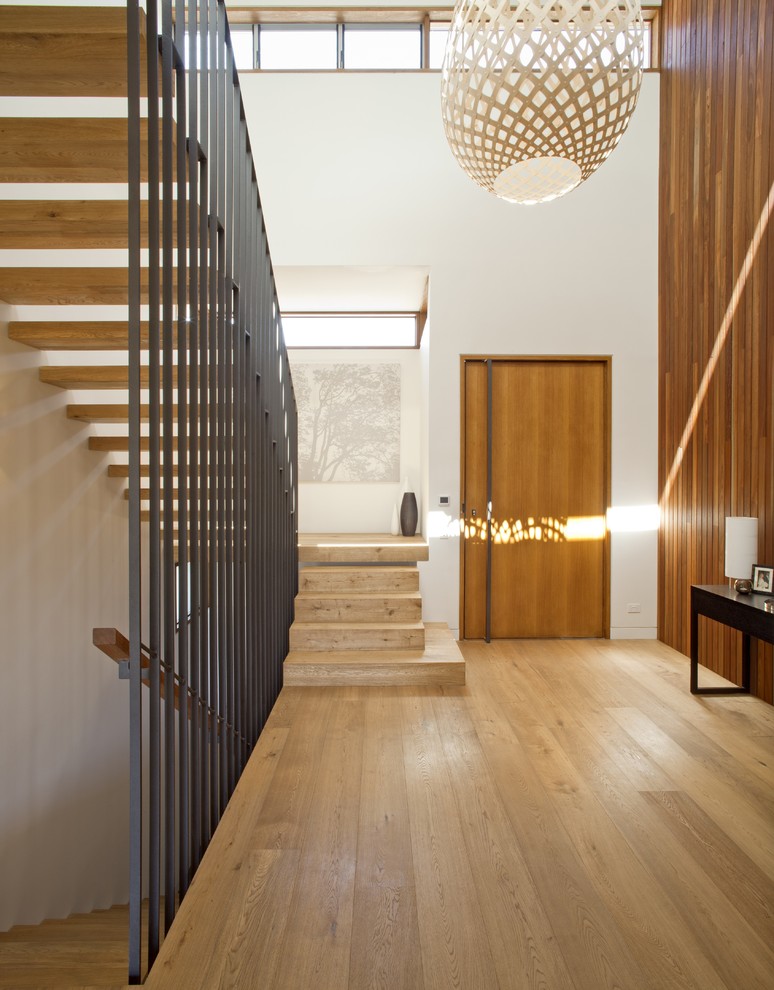 Design ideas for a large contemporary foyer in Sydney with white walls, light hardwood flooring, a single front door and a medium wood front door.