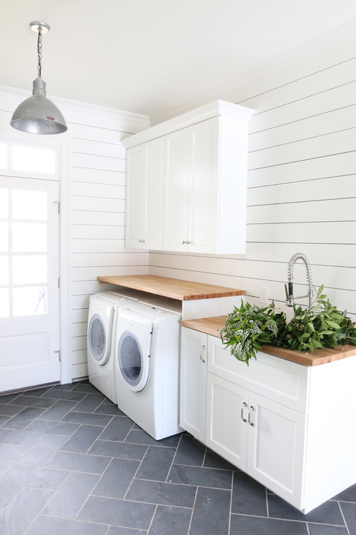 35 Horizontal Shiplap Wall Ideas; white shiplap in laundry room with butcher block counters