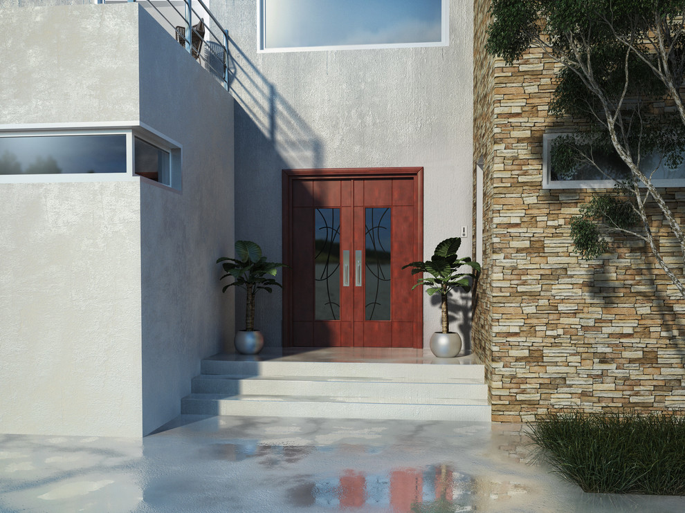 Foto de puerta principal actual de tamaño medio con paredes beige, suelo de cemento, puerta doble y puerta de madera en tonos medios