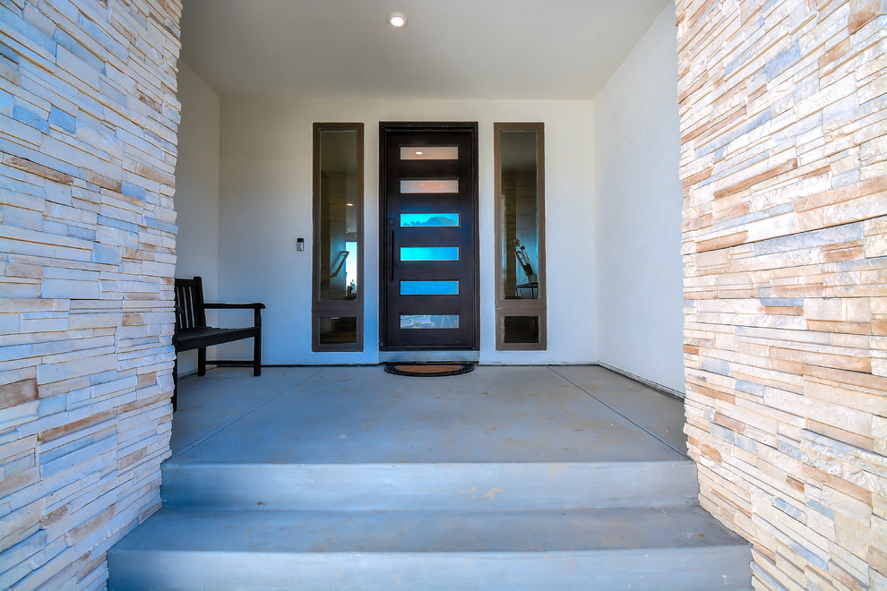 Стильный дизайн: входная дверь среднего размера в стиле модернизм с белыми стенами, одностворчатой входной дверью и металлической входной дверью - последний тренд