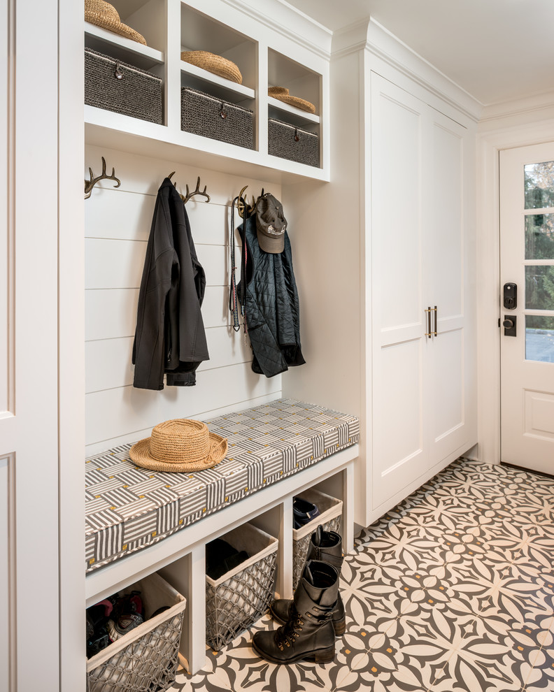 Design ideas for a small coastal boot room in New York with white walls, ceramic flooring, a single front door, a white front door and multi-coloured floors.