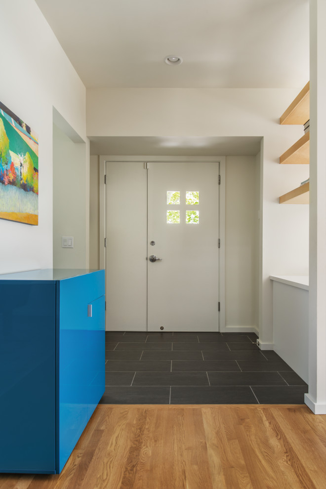 Immagine di un ingresso design di medie dimensioni con pareti bianche, pavimento con piastrelle in ceramica, una porta singola, una porta bianca e pavimento nero