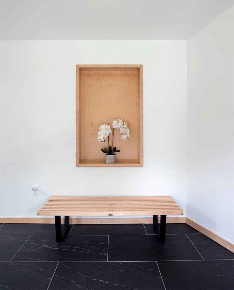 На фото: фойе среднего размера в стиле модернизм с белыми стенами, полом из керамогранита, двустворчатой входной дверью, входной дверью из дерева среднего тона и черным полом с