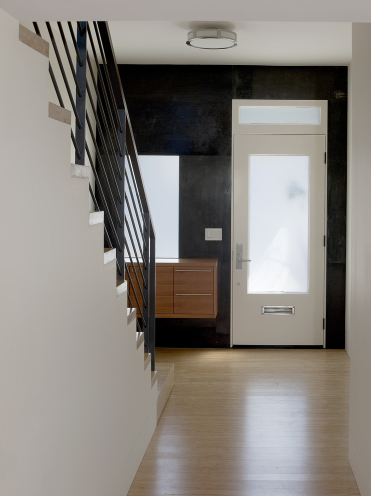 На фото: фойе в стиле модернизм с черными стенами, одностворчатой входной дверью и белой входной дверью с