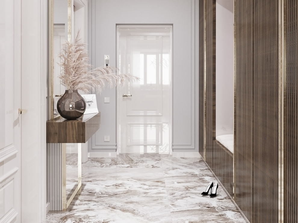 Inspiration för mellanstora moderna entréer, med vita väggar, marmorgolv och flerfärgat golv