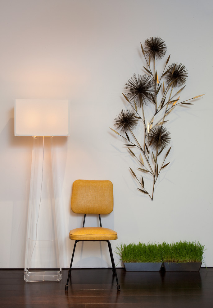 This is an example of a small modern hallway in San Francisco with white walls and dark hardwood flooring.